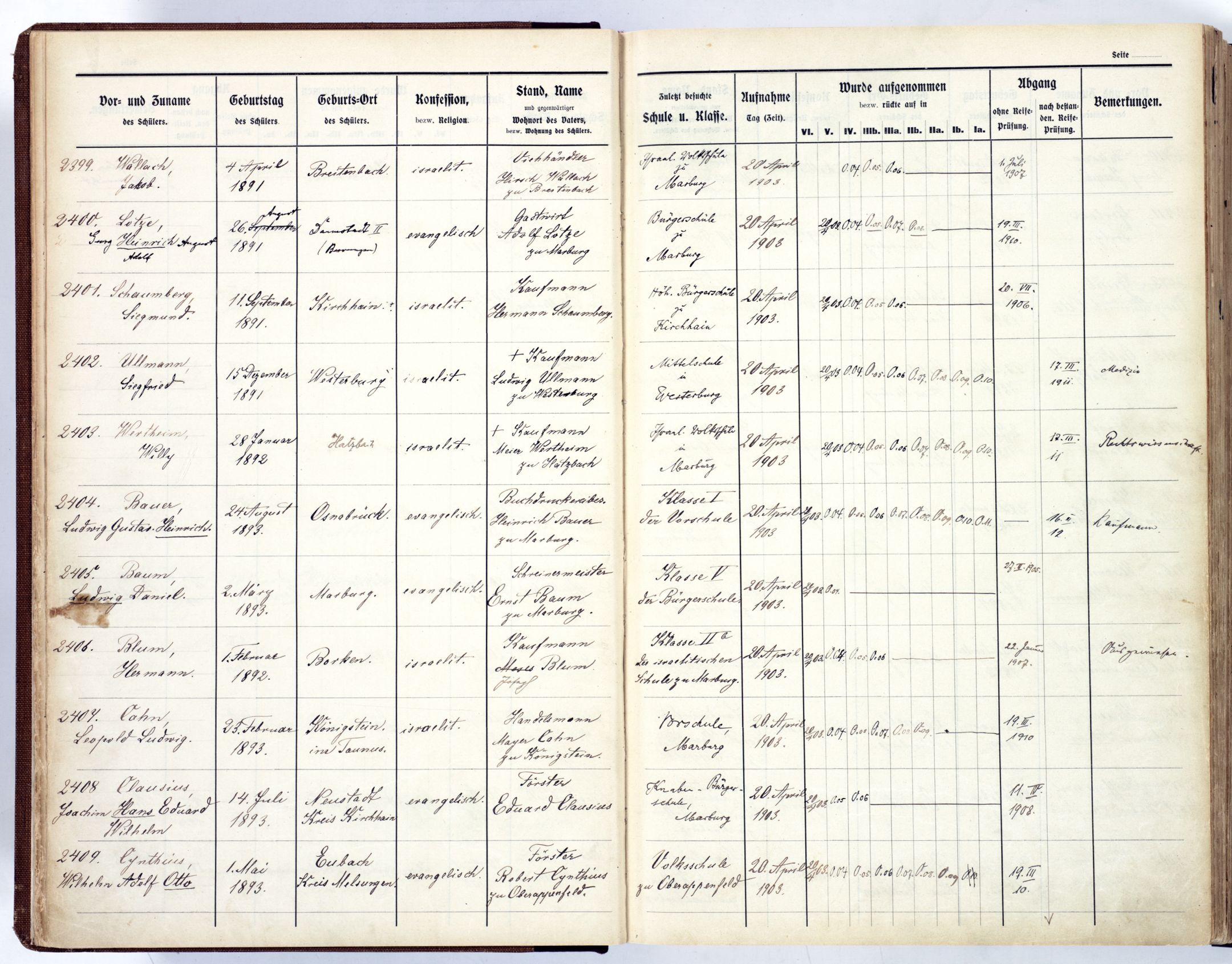 Hauptliste der Schüler von Oberrealschule und Realgymnasium zu Marburg, 1902-1943