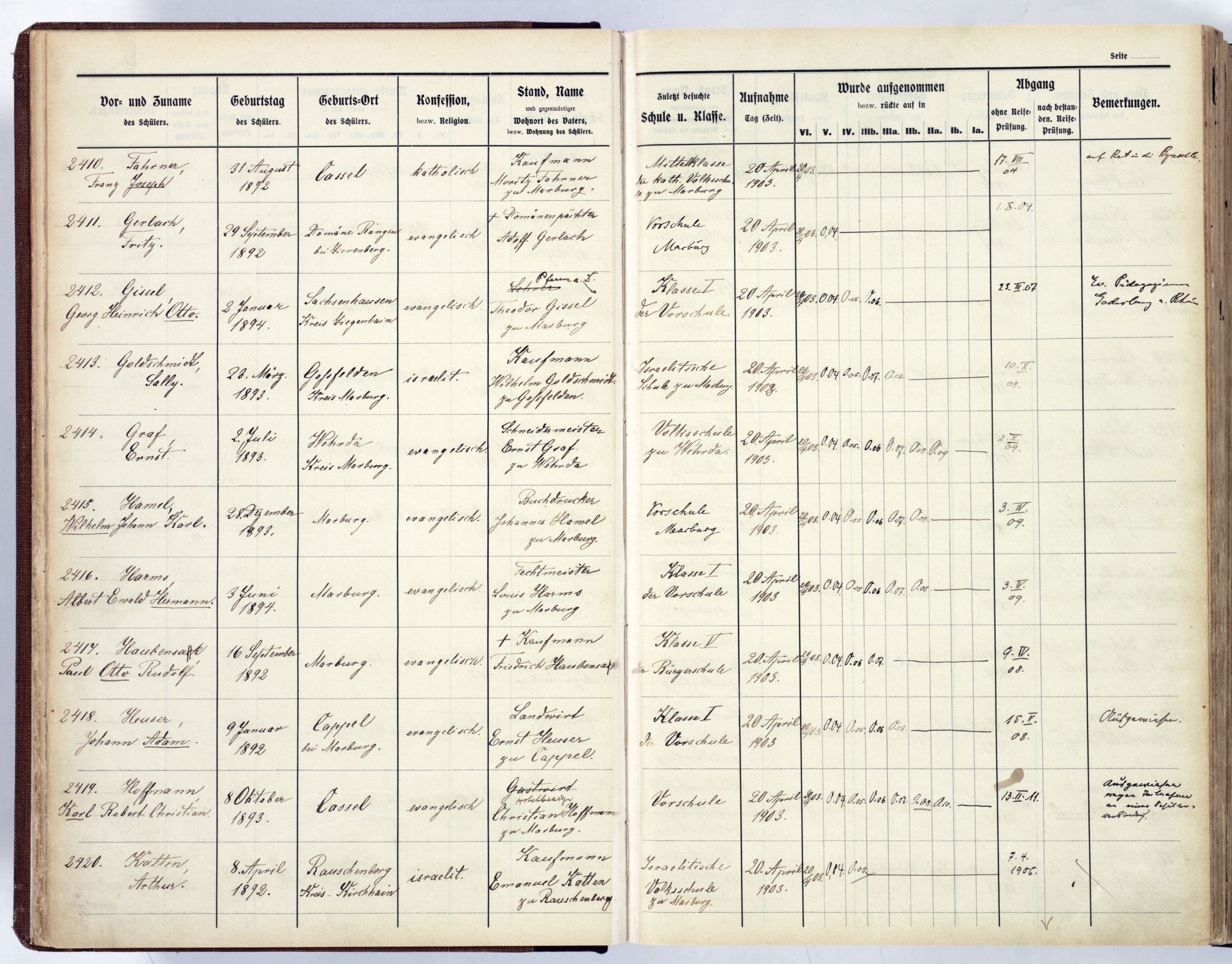 Hauptliste der Schüler von Oberrealschule und Realgymnasium zu Marburg, 1902-1943