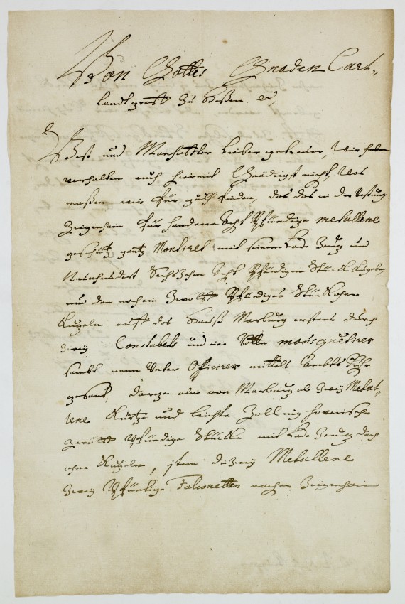 Befehl von Landgraf Karl von Hessen-Kassel an Joan zur Brüggen die Festung Ziegenhain mit Waffen auszustatten