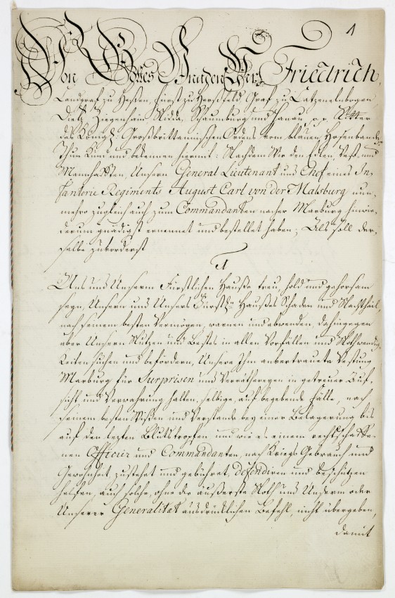Instruktion des Landgrafen Friedrich II. von Hessen-Kassel für den Kommandanten zu Marburg, Generalleutnant August Carl v.d. Malsburg