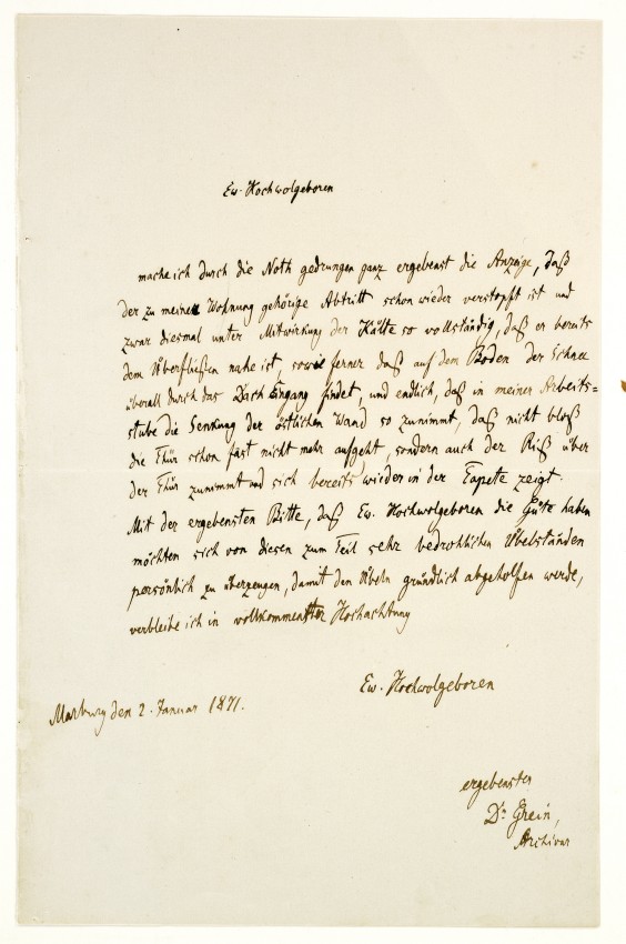 Brief über Mängel der Dienstwohnung des Archivars Dr. Grein