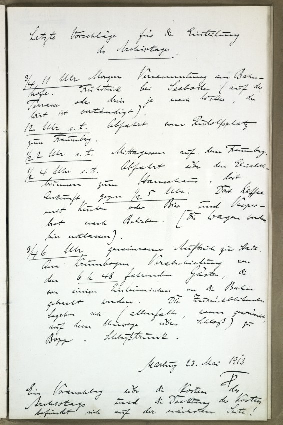 Vorschläge für den Ablauf des Marburger Archivtags am 25. Mai 1913