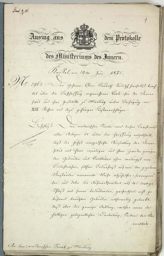 Protokollauszug des Ministerium für Inneres zur Nutzung des Schlosses für die Universität