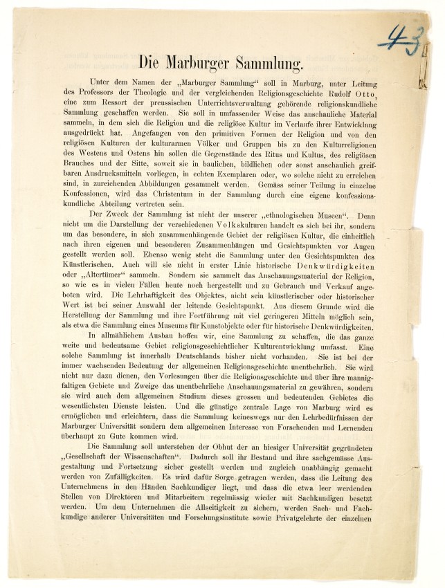 Aufruf zur Errichtung der "Marburger Sammlung" aus dem Jahr 1927