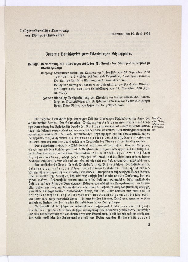 Denkschrift zum Marburger Schlossplan 1934