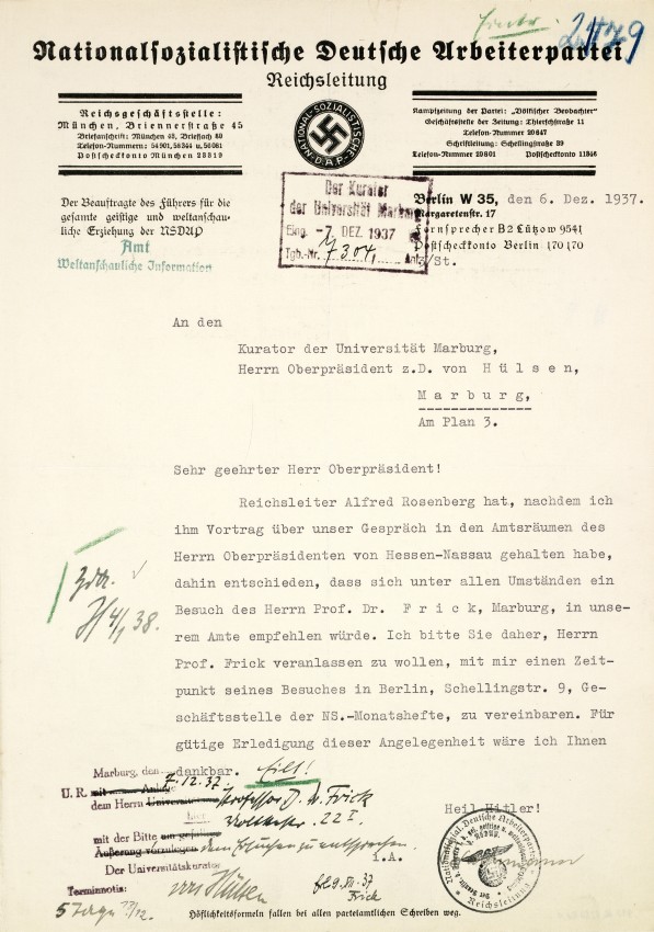 Schreiben der Reichsleitung der NSDAP bzgl. der Marburger Pläne