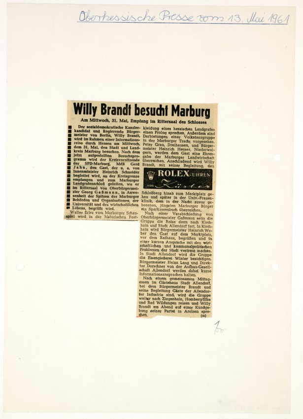 Artikel der Oberhessischen Presse 1961 zum geplanten Empfang von Willy Brandt