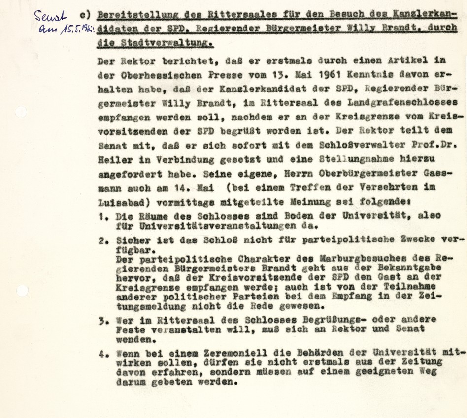 Ablehnender Beschluss des Universitäts-Senates zum Empfang  von Willy Brandt