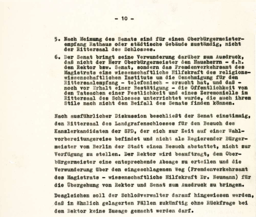 Ablehnender Beschluss des Universitäts-Senates zum Empfang  von Willy Brandt