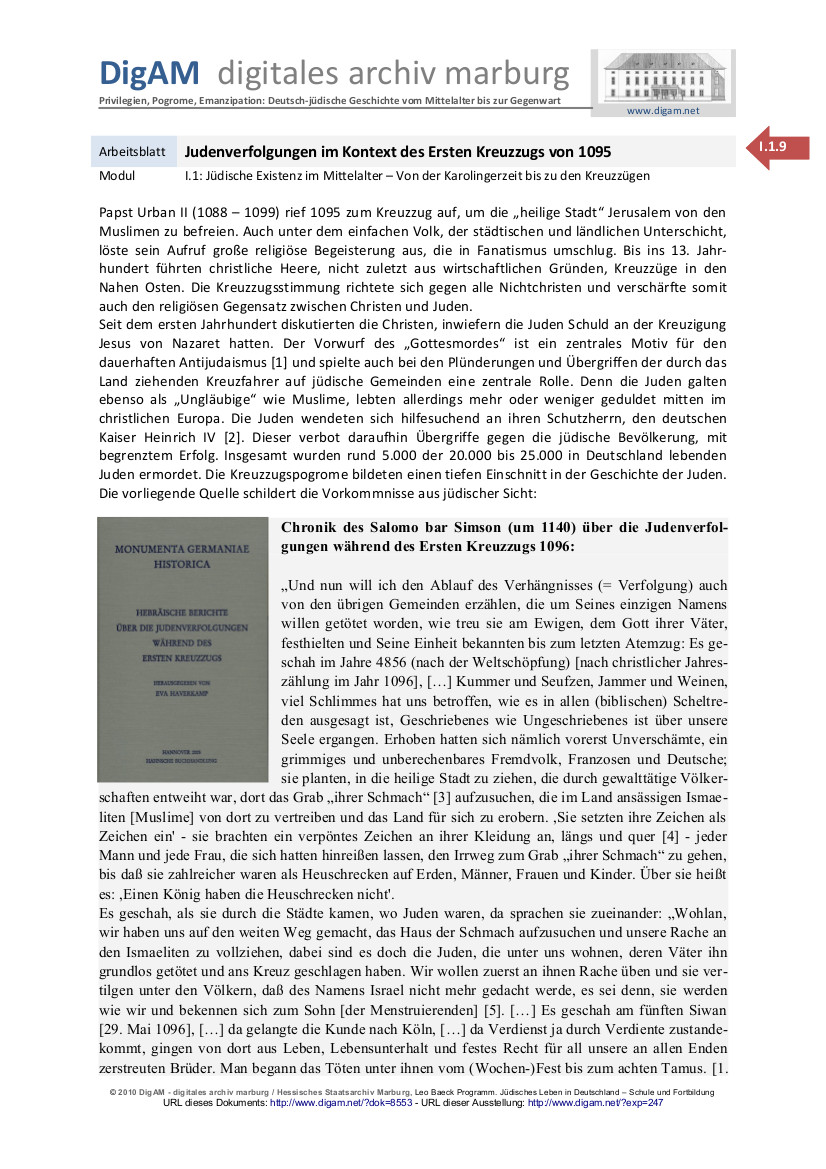 Arbeitsblatt: Judenverfolgungen im Kontext des Ersten Kreuzzugs von 1095