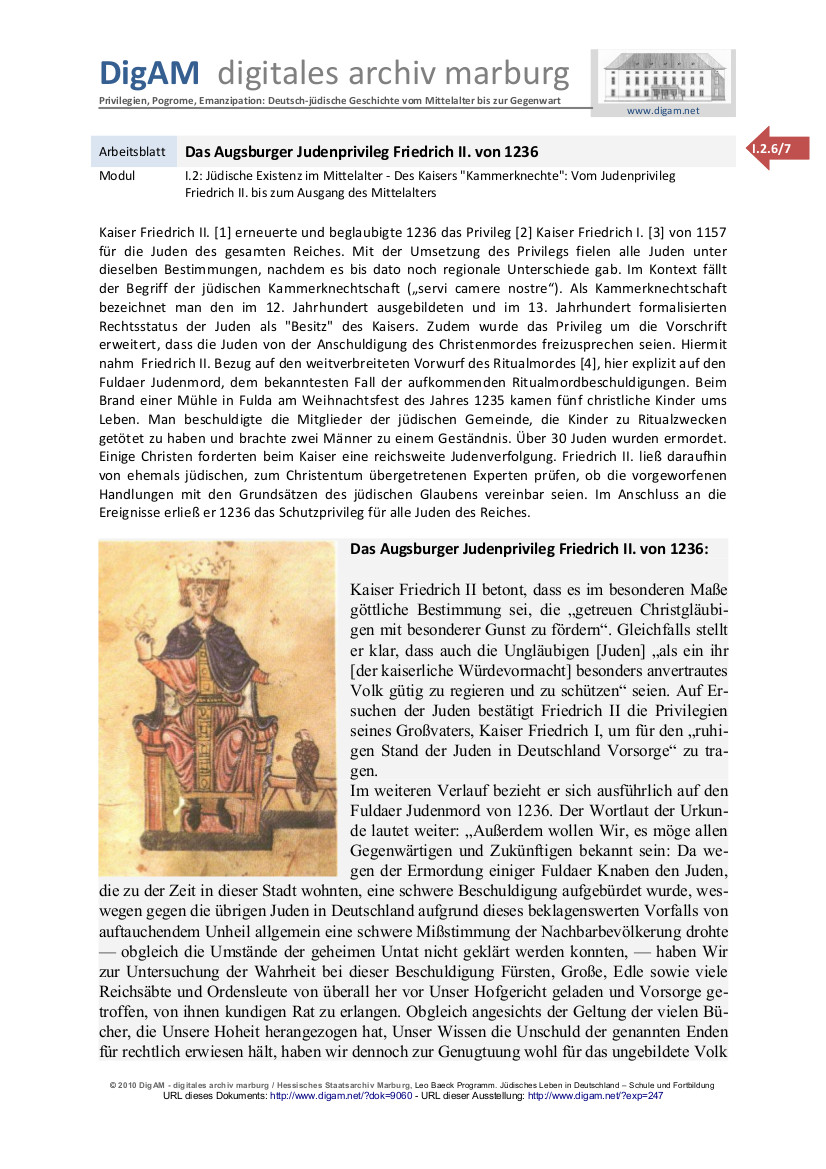 Arbeitsblatt: Das Augsburger Judenprivileg Friedrichs II. von 1236