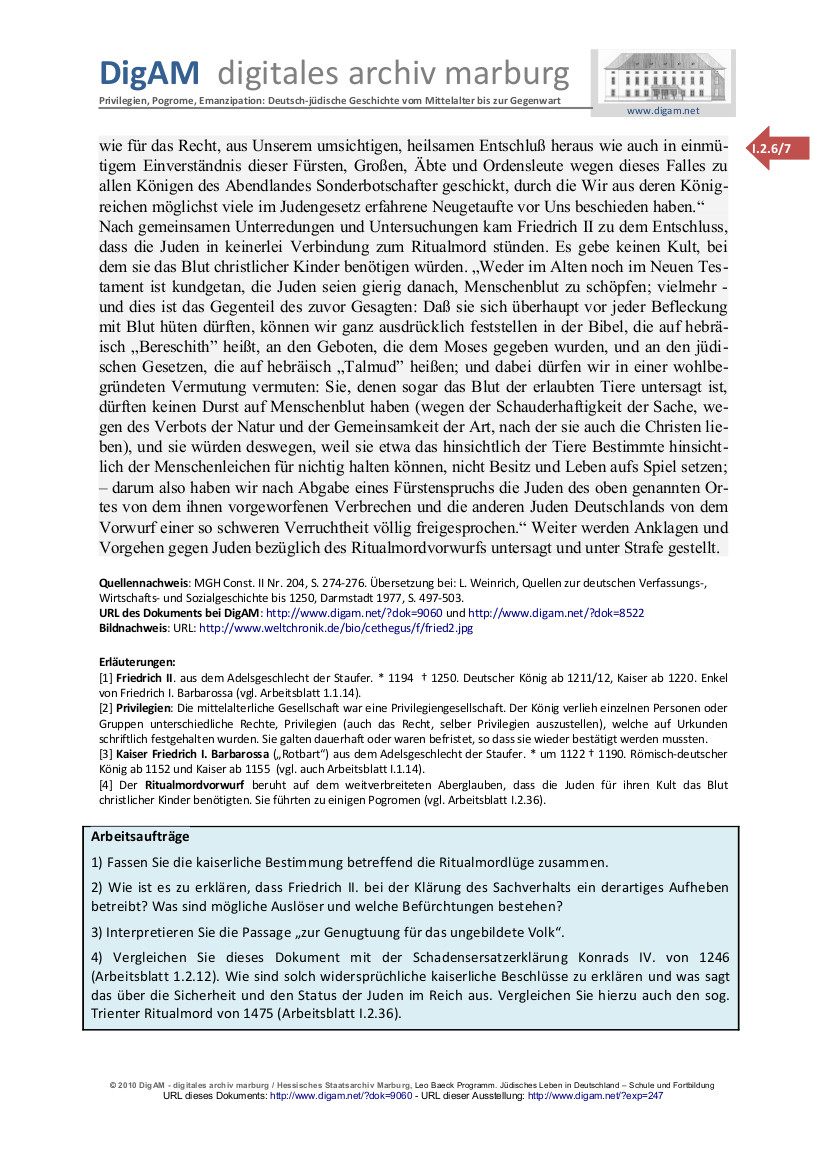 Arbeitsblatt: Das Augsburger Judenprivileg Friedrichs II. von 1236
