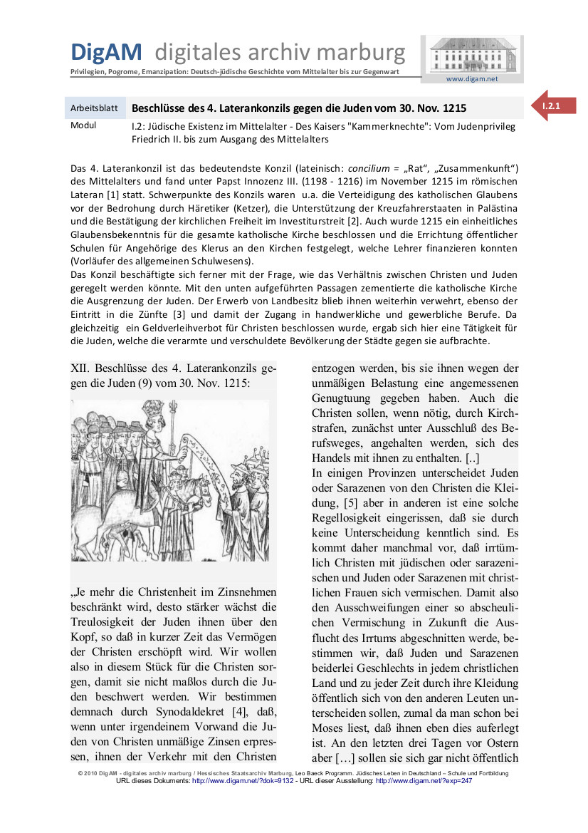 Arbeitsblatt: Beschlüsse des 4. Laterankonzils gegen die Juden vom 30. November 1215