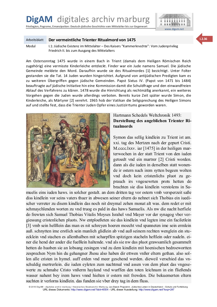 Arbeitsblatt: Der vermeintliche Trierer Ritualmord von 1475