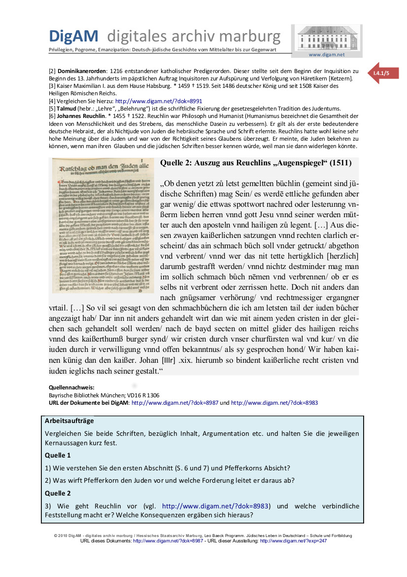 Arbeitsblatt: Pfefferkorns Judenfeind von 1509