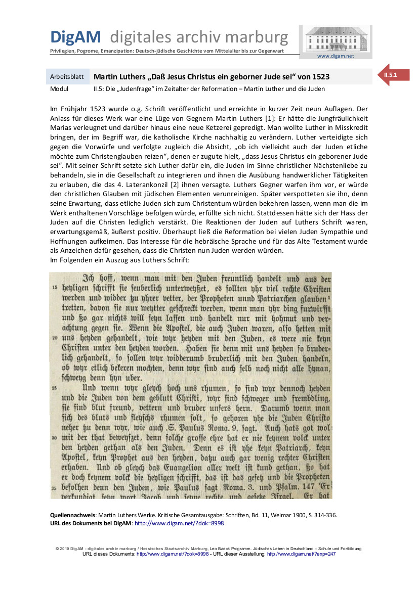 Arbeitsblatt: Luthers "Dass Jesus Christus ein geborner Jude sei" von 1523