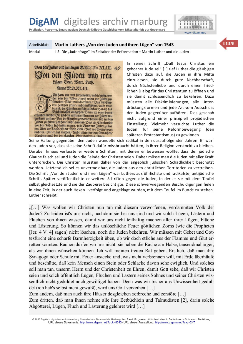 Arbeitsblatt: Luthers "Von den Juden und ihren Lügen" von 1543