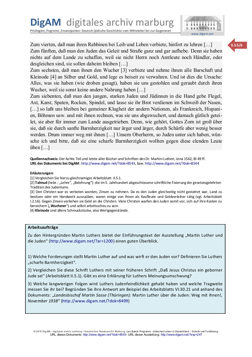 Arbeitsblatt: Luthers "Von den Juden und ihren Lügen" von 1543