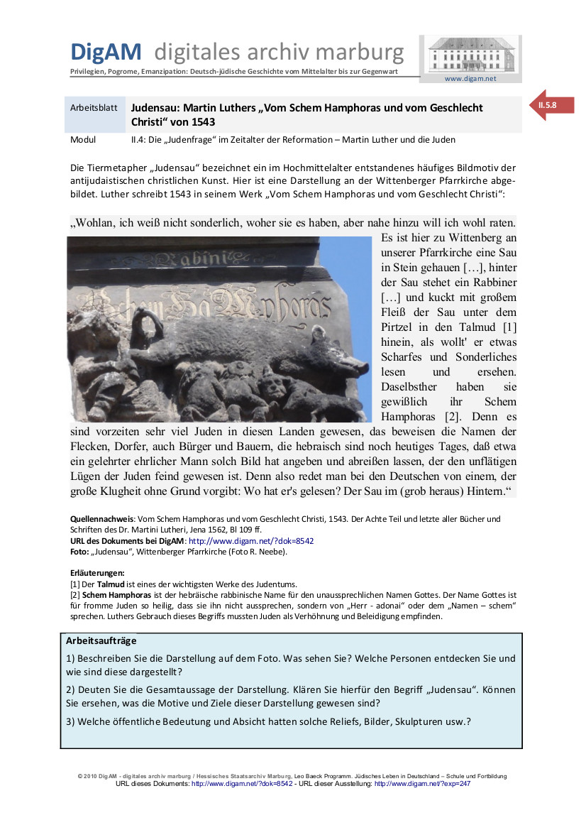 Arbeitsblatt: Judensau - Martin Luthers "Vom Schem Hamphoras und vom Geschlecht Christi" von 1543