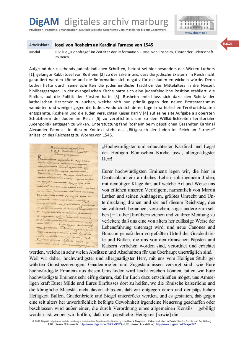 Arbeitsblatt: Josel von Rosheim an Kardinal Farnese von 1545