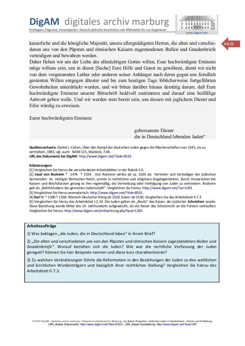 Arbeitsblatt: Josel von Rosheim an Kardinal Farnese von 1545