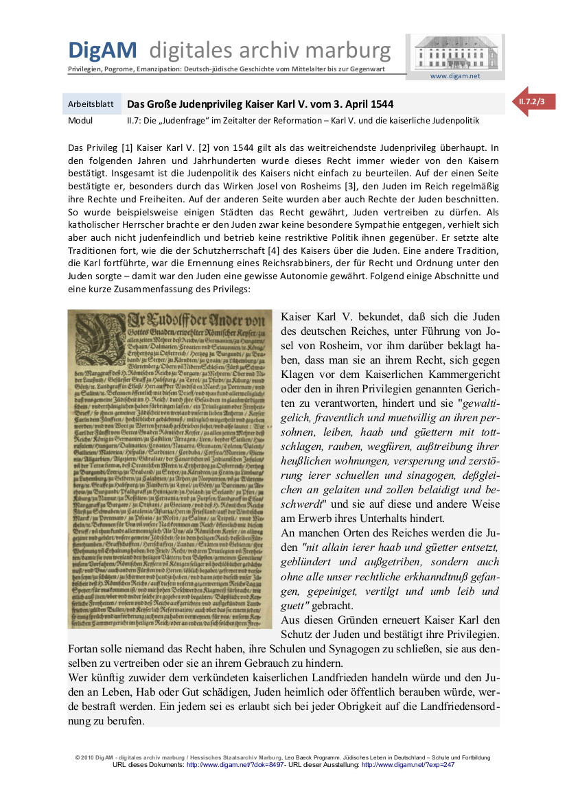Arbeitsblatt: Das große Judenprivileg Kaiser Karl V. vom 3. April 1544