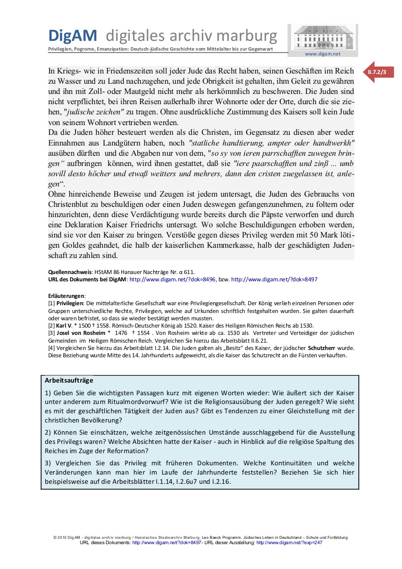 Arbeitsblatt: Das große Judenprivileg Kaiser Karl V. vom 3. April 1544
