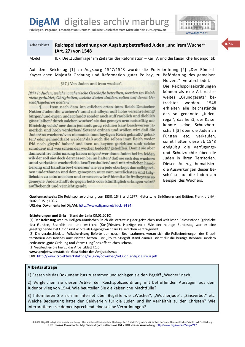 Arbeitsblatt: Reichspolizeiordnung von Augsburg betreffend Juden "und iren Wucher" (Art. 27) von 1548