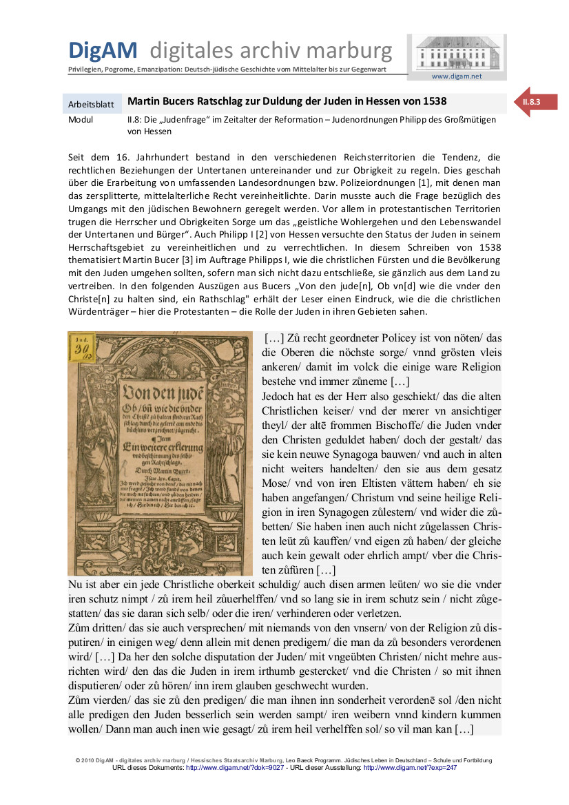 Arbeitsblatt: Martin Bucers Ratschlag zur Duldung der Juden in Hessen von 1538