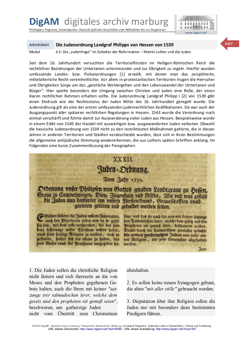Arbeitsblatt: Die Judenordnung Landgraf Philipps von Hessen von 1539