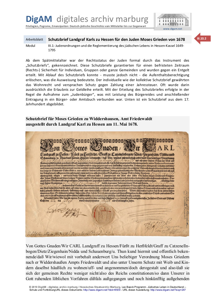 Arbeitsblatt: Schutzbrief Landgraf Karls zu Hessen für den Juden Moses Grieden von 1678