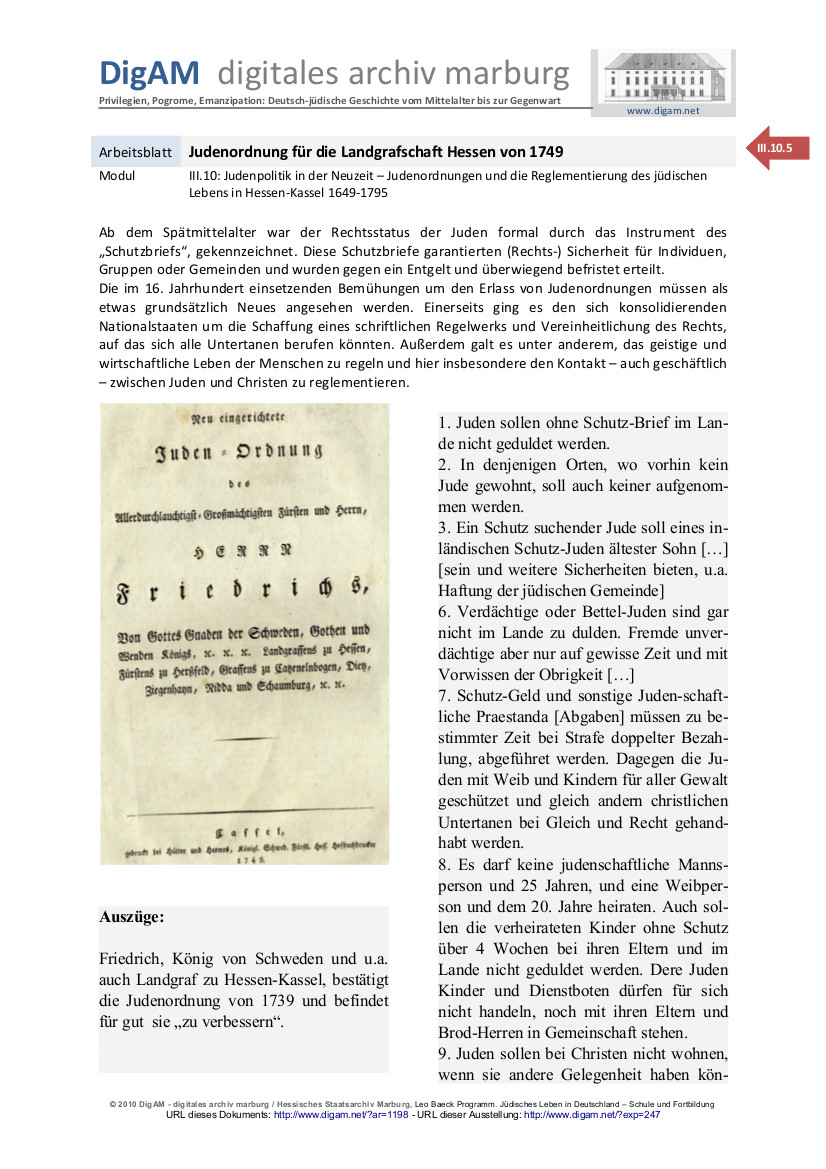 Arbeitsblatt: Judenordnung für die Landgrafschaft Hessen von 1749