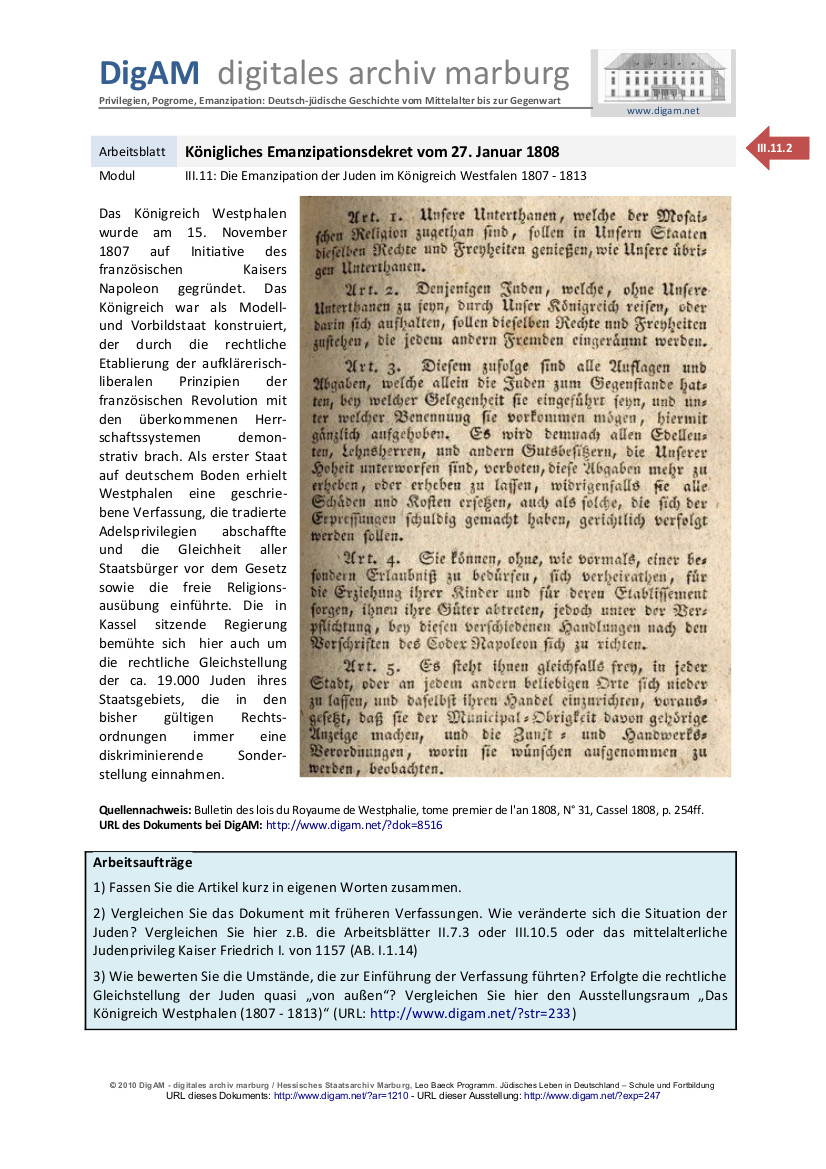 Arbeitsblatt: Königliches Emanzipationsdekret vom 27. Januar 1808
