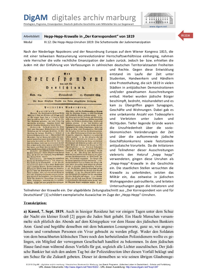 Arbeitsblatt: Hepp-Hepp-Krawalle in "Der Korrespondent" von 1819