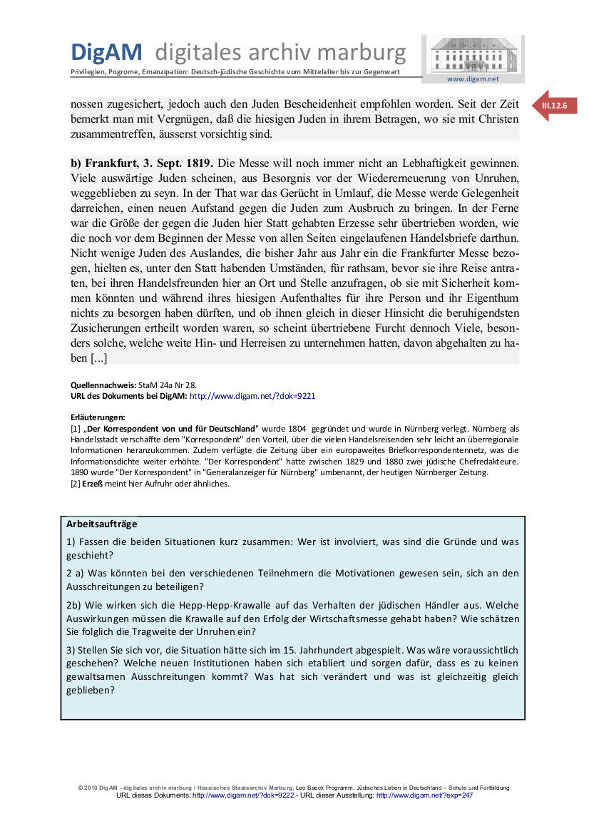 Arbeitsblatt: Hepp-Hepp-Krawalle in "Der Korrespondent" von 1819