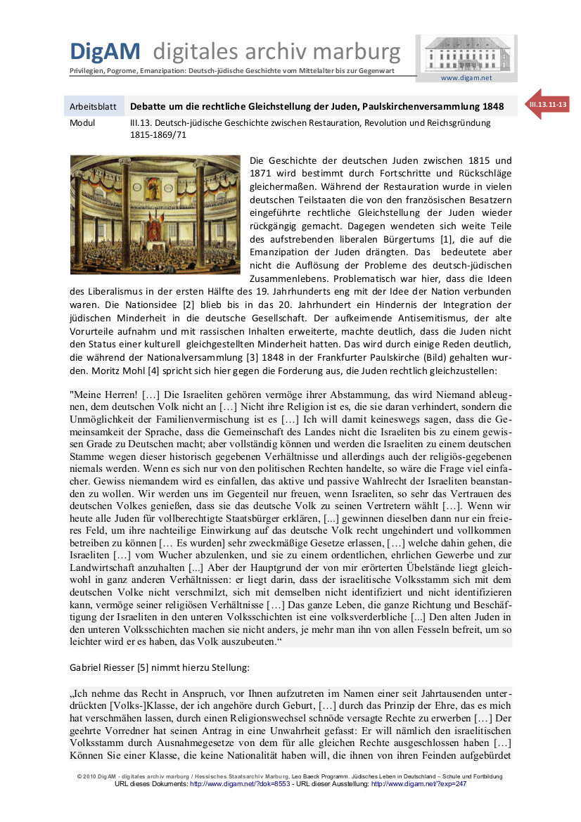 Arbeitsblatt: Debatte um die rechtliche Gleichstellung der Juden, Paulskirchenversammlung 1848