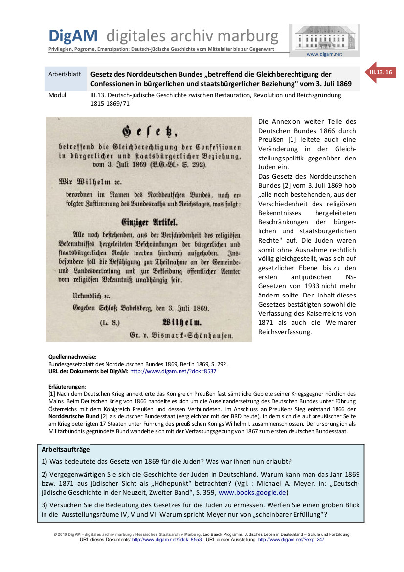 Arbeitsblatt: Gesetz des Norddeutschen Bundes "betreffend die Gleichberechtigung der Confessionen in bürgerlicher und staatsbüberlicher Beziehung vom 3. Juli 1869