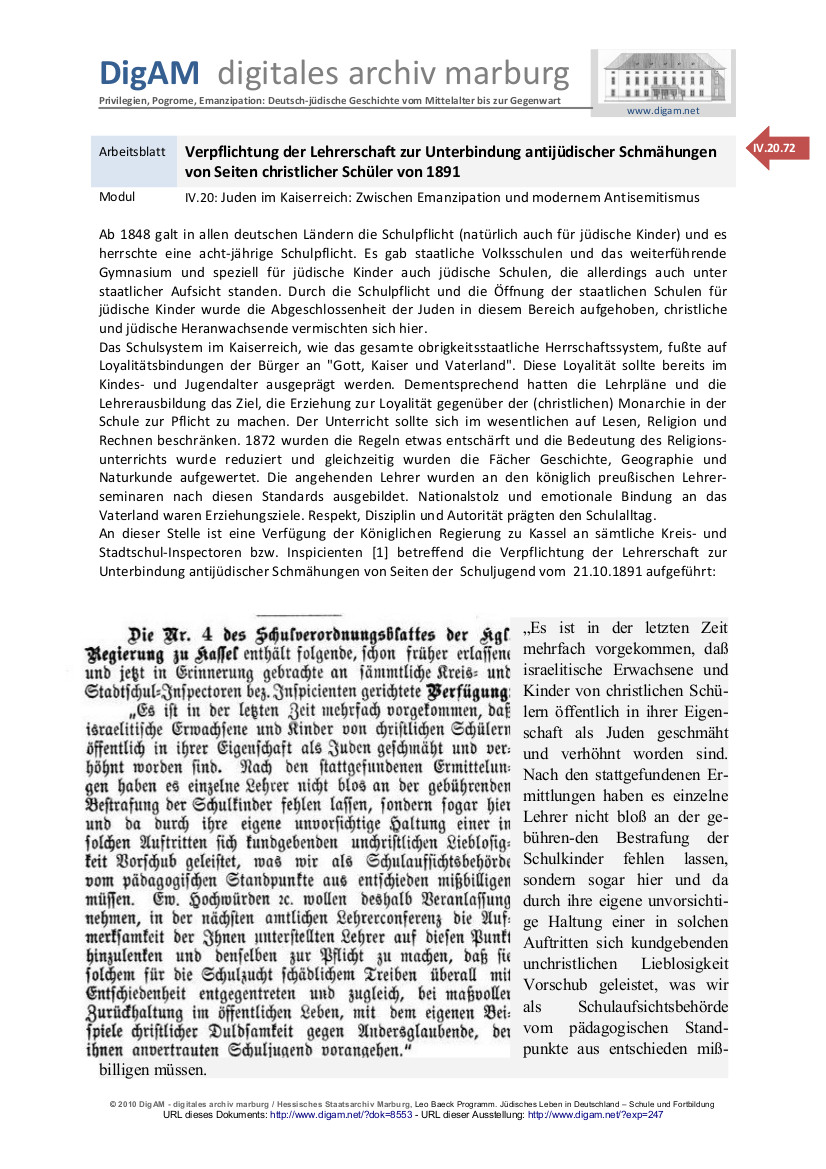 Arbeitsblatt: Verpflichtung der Lehrerschaft zur Unterbindung antijüdischer Schmähungen von Seiten christlicher Schüler von 1891