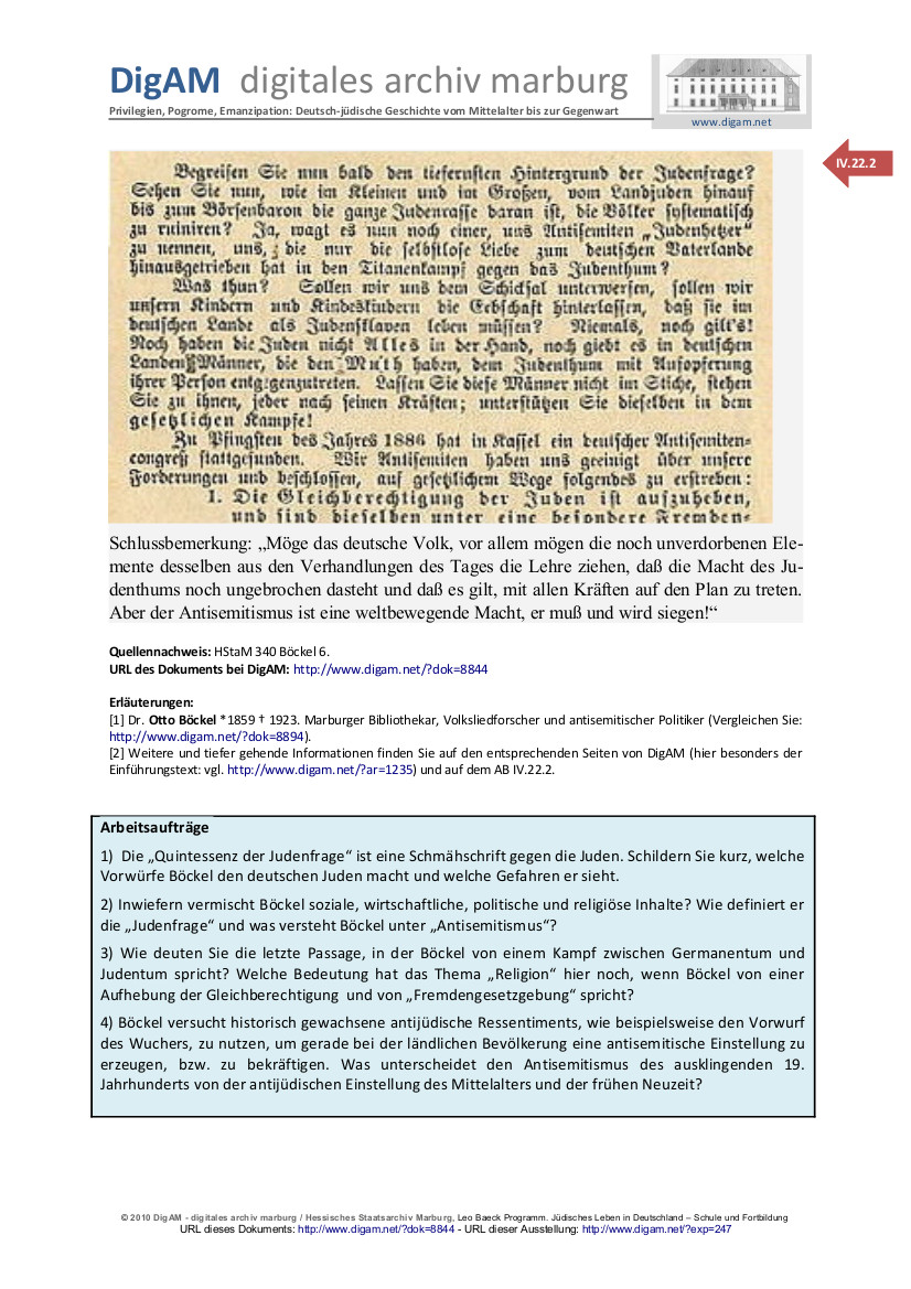 Arbeitsblatt: Die "Quintessenz der Judenfrage" - Otto Böckels Pamphlet von 1889