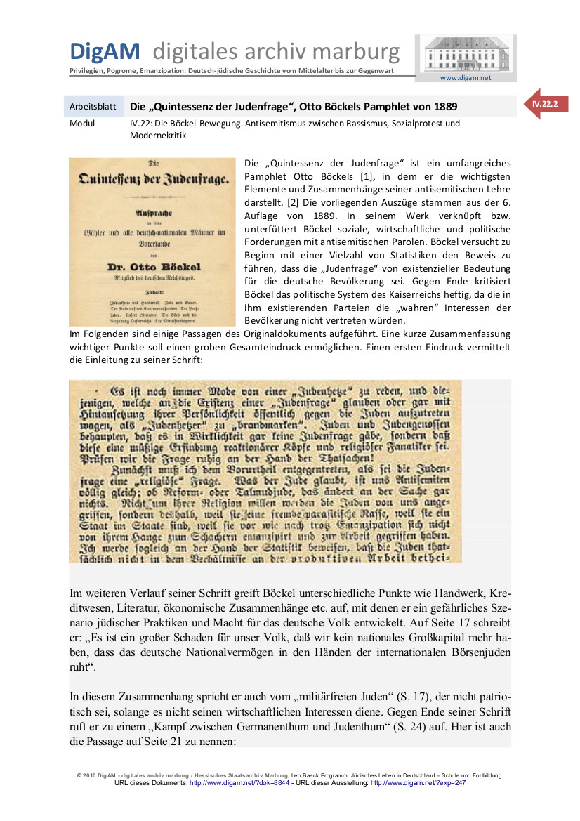 Arbeitsblatt: Die "Quintessenz der Judenfrage" - Otto Böckels Pamphlet von 1889