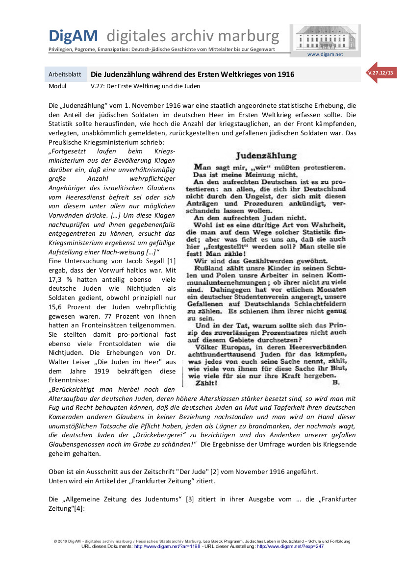 Arbeitsblatt: Die Judenzählung während des Ersten Weltkriegs von 1916