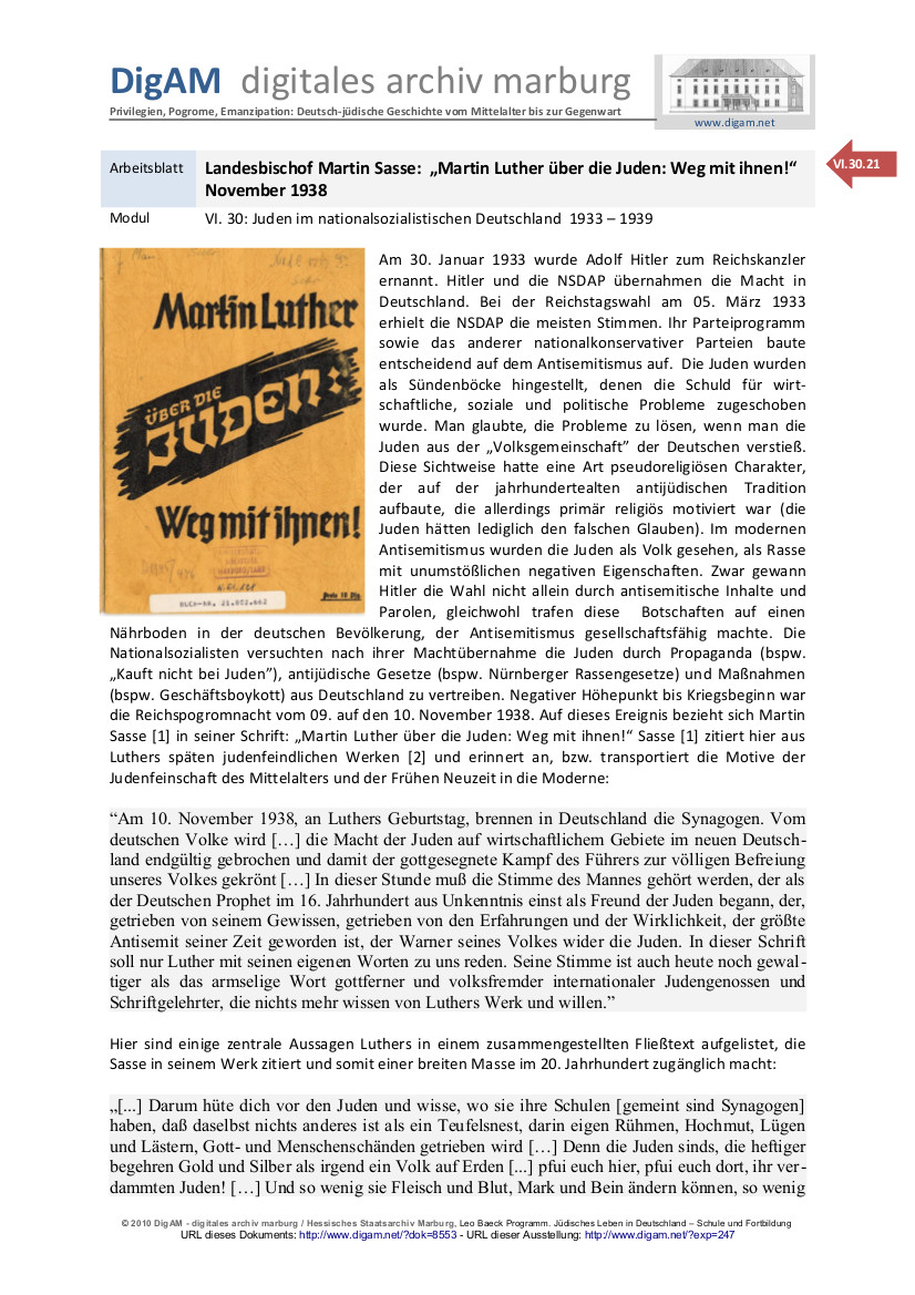 Arbeitsblatt: Landesbischof Martin Sasse "Martin Luther über die Juden - Weg mit ihnen!" von 1938