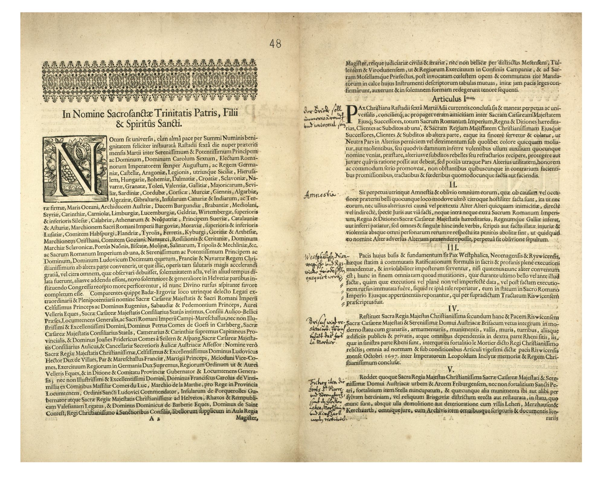 Druck des Friedens von Baden vom 7. September 1714 mit handschriftlichen Bemerkungen des hessischen Gesandten Kurt Hilmar von der Malsburg