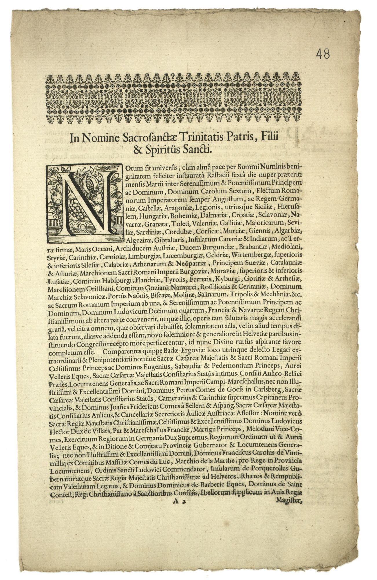Druck des Friedens von Baden vom 7. September 1714 mit handschriftlichen Bemerkungen des hessischen Gesandten Kurt Hilmar von der Malsburg
