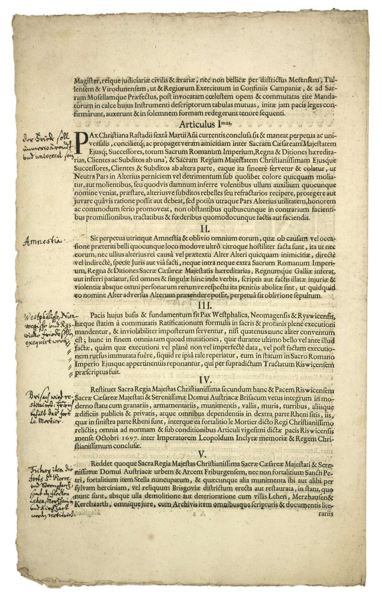 Druck des Friedens von Baden vom 7. September 1714 mit handschriftlichen Bemerkungen des hessischen Gesandten Kurt Hilmar von der Malsburg