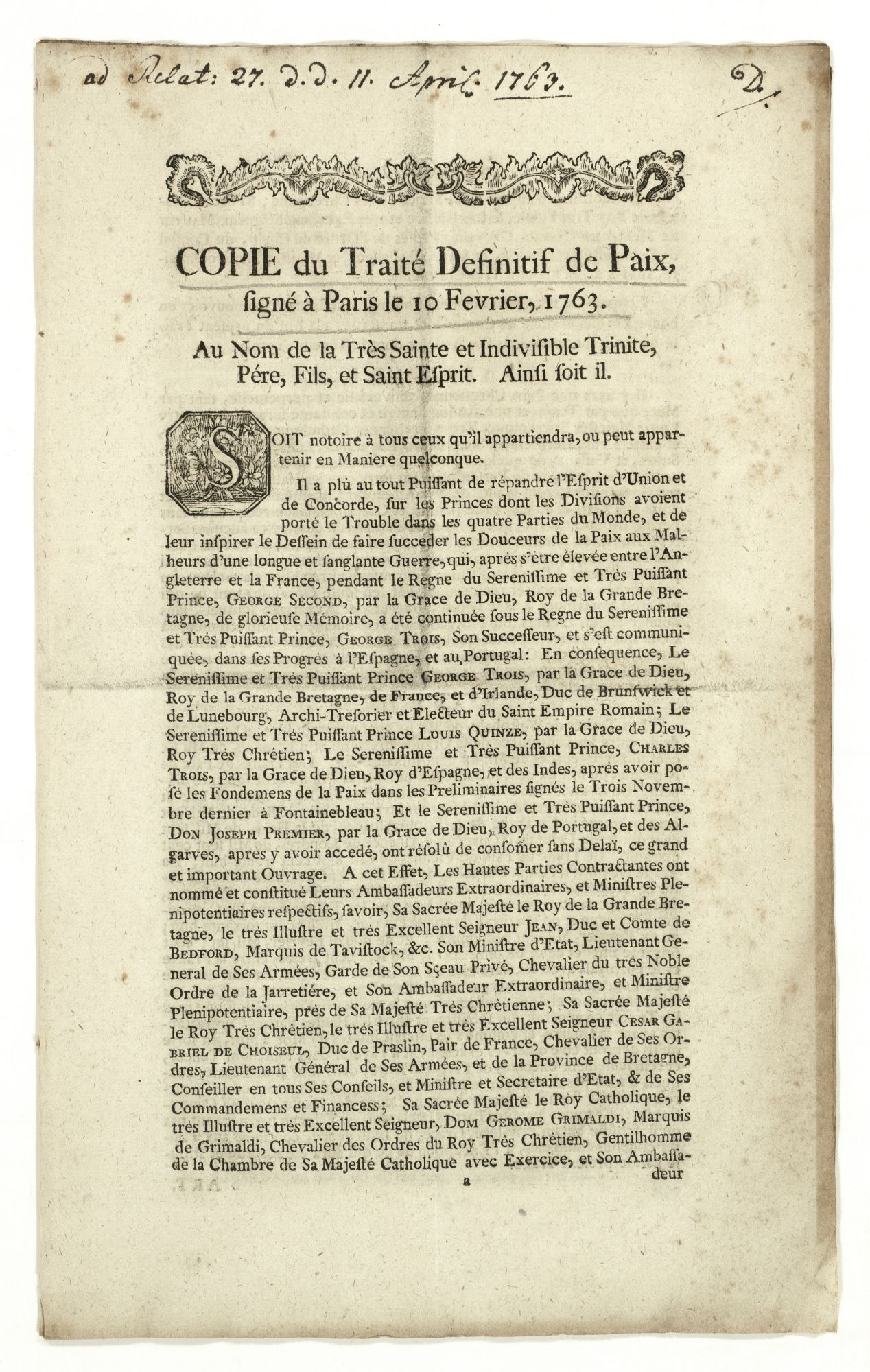 Kopie des Friedensvertrags zwischen England, Frankreich, Spanien und Portugal