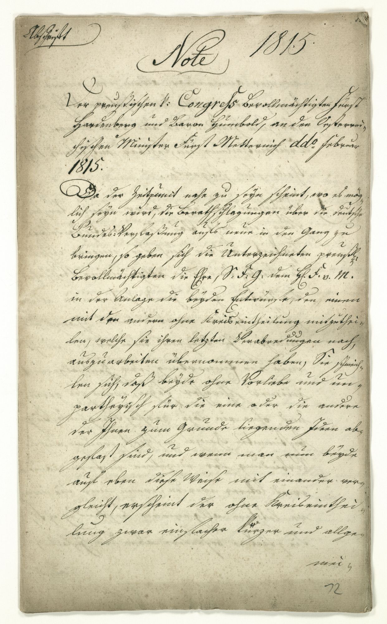 Abschrift der Note der preußischen Kongressbevollmächtigten von Hardenberg und von Humboldt an den österreichischen Außenminister von Metternich über die Entwürfe zu einer neuen deutschen Bundesverfassung (Auszug)