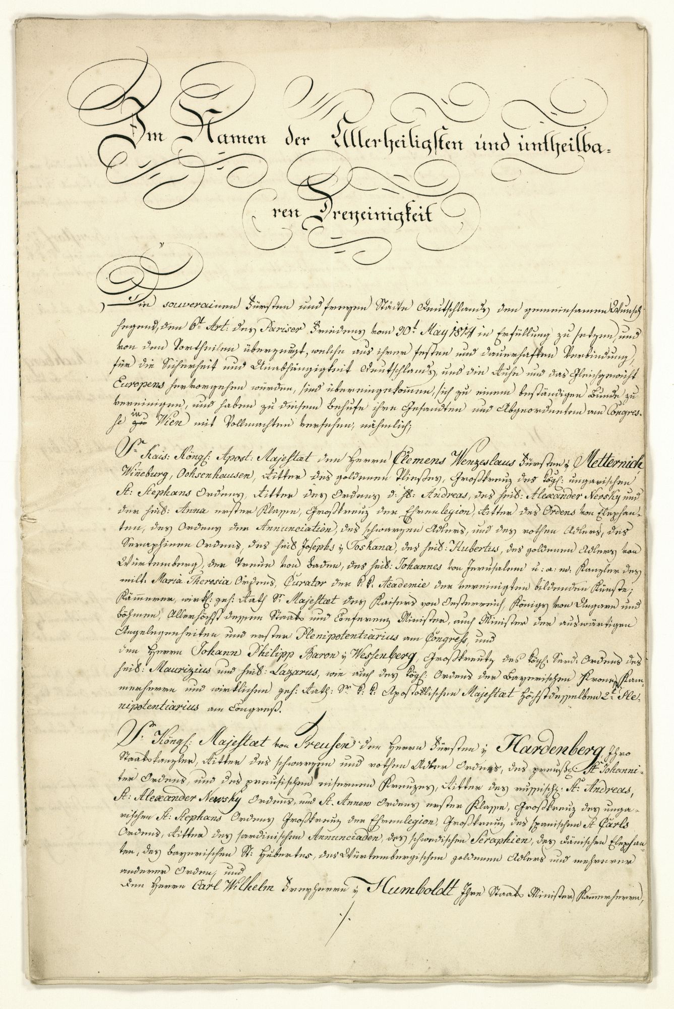 Beglaubigte Kopie der am 10. Juni 1815 unterzeichneten und auf den 8. Juni 1815 vordatierten Deutschen Bundesakte (erste Seite und letzte Doppelseite)