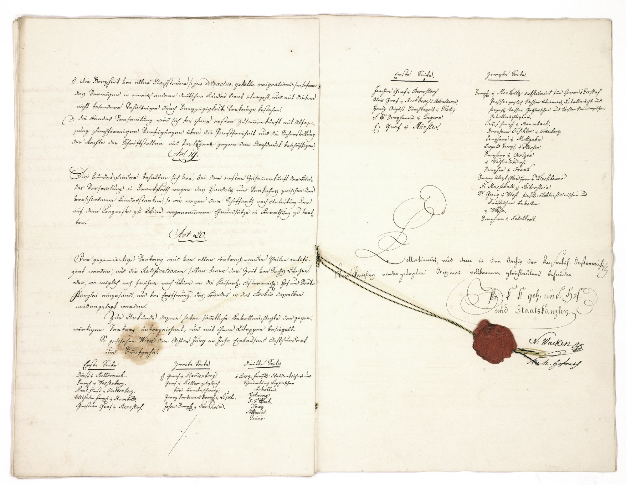 Beglaubigte Kopie der am 10. Juni 1815 unterzeichneten und auf den 8. Juni 1815 vordatierten Deutschen Bundesakte (erste Seite und letzte Doppelseite)