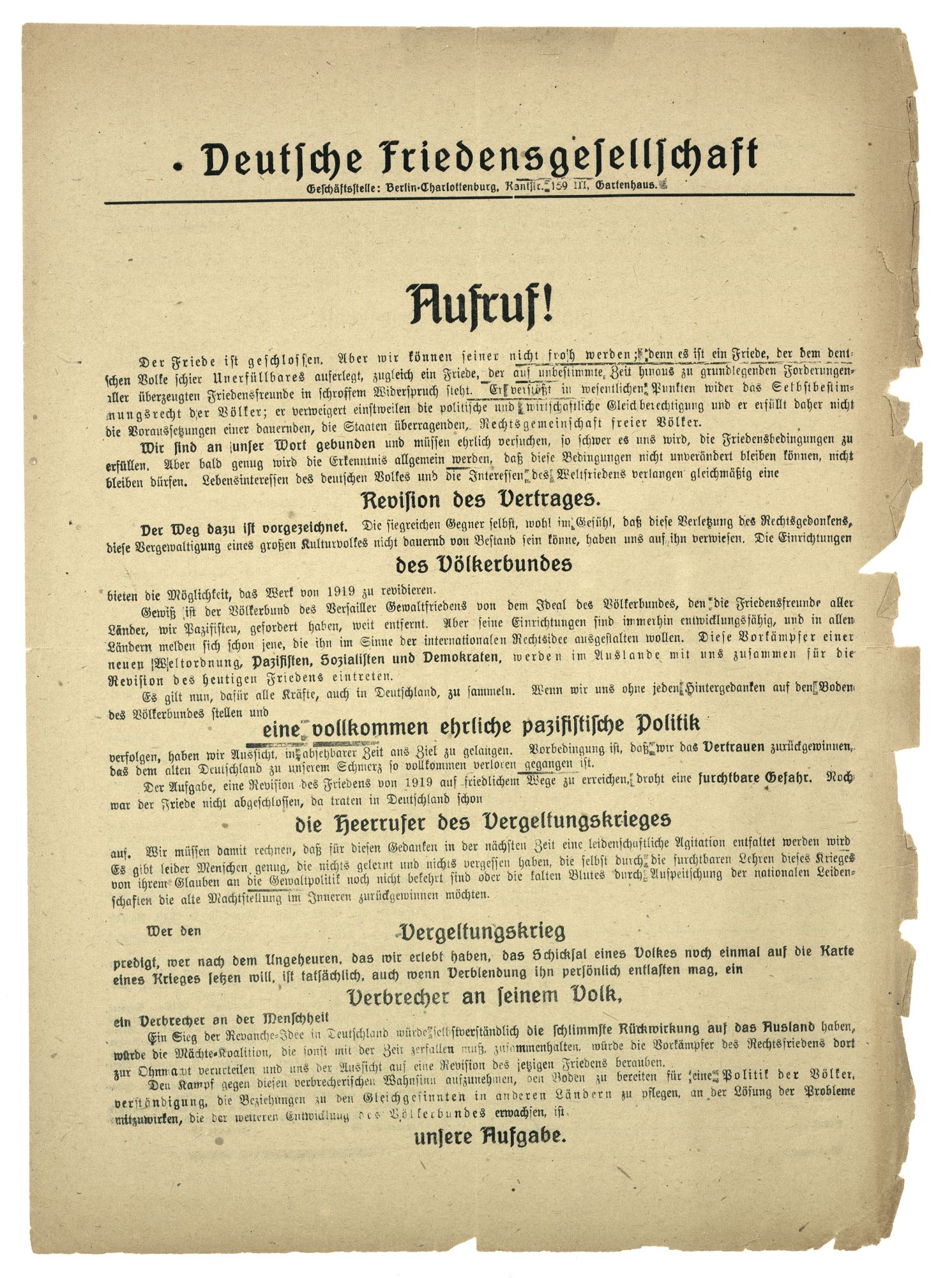 Aufruf der „Deutschen Friedensgesellschaft“ zur Revision des Versailler Friedensvertrags